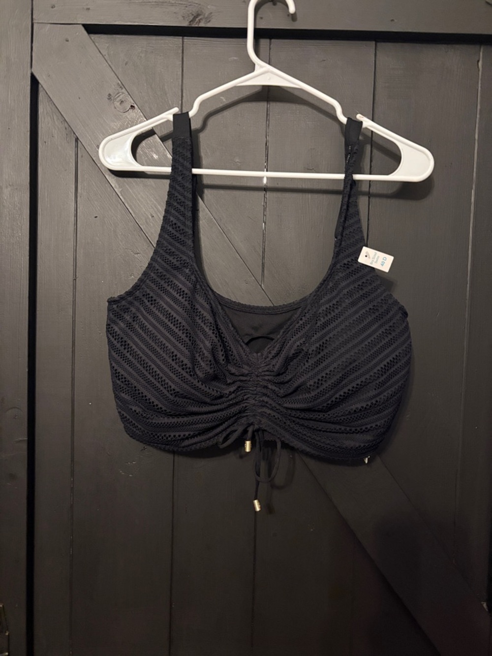 Coco Reef Black Lace-Effect Ruched Swim Top with Gold Accents